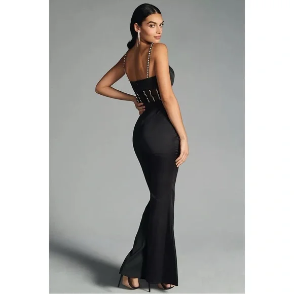 NWT Ieena‎ for Mac Duggal x Anthropologie Cutout Crystal Wide-Leg Jumpsuit Black